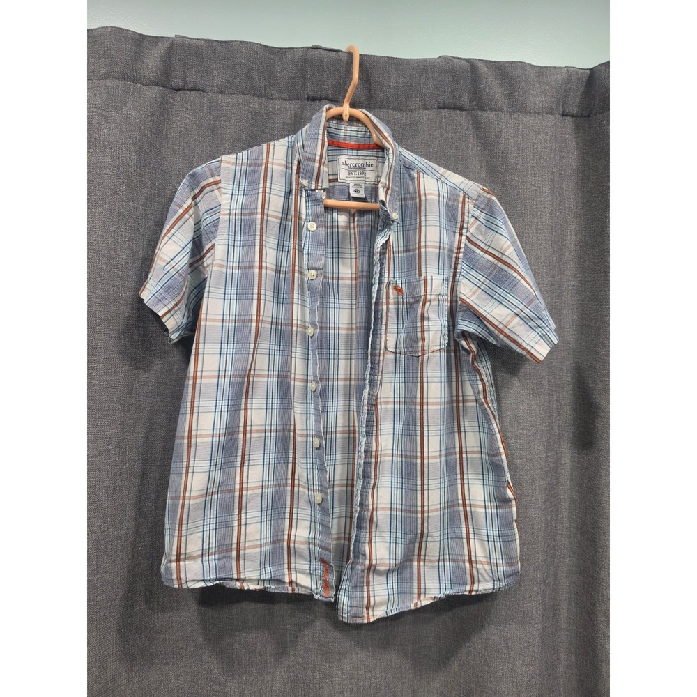 Abercrombie Boys XL Plaid Short Sleeve Button Down Shirt Moose Logo Cotton